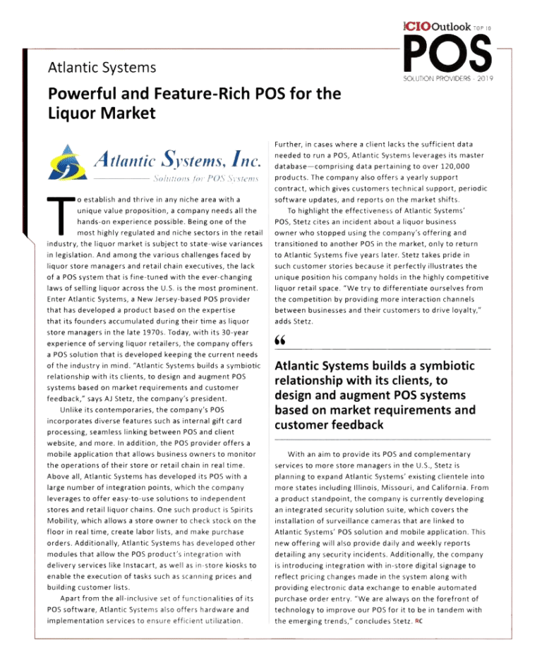 CIO Outlook Top 10 POS system Atlantic systems